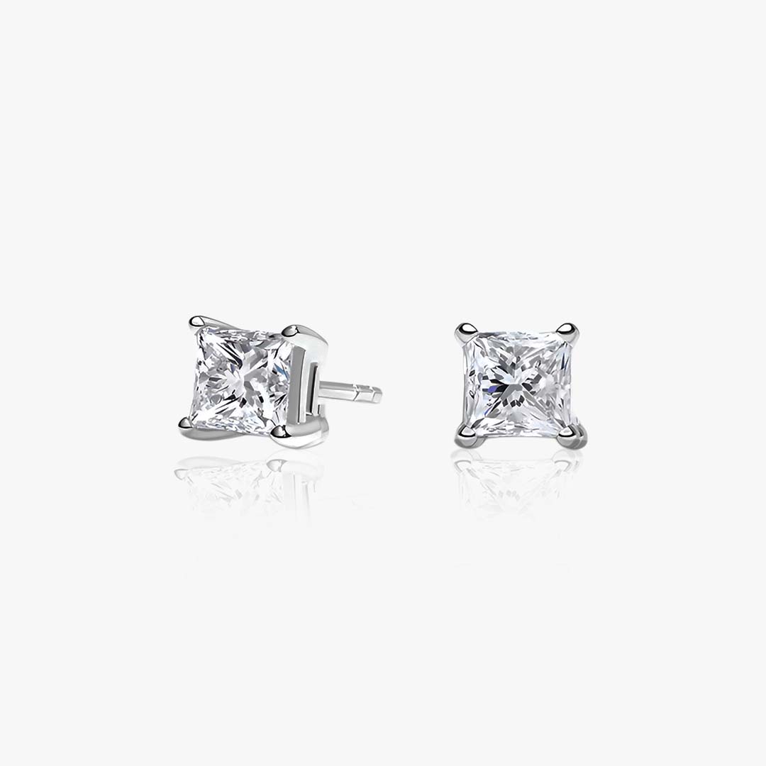 Four-Prong Princess Silver Stud Earrings