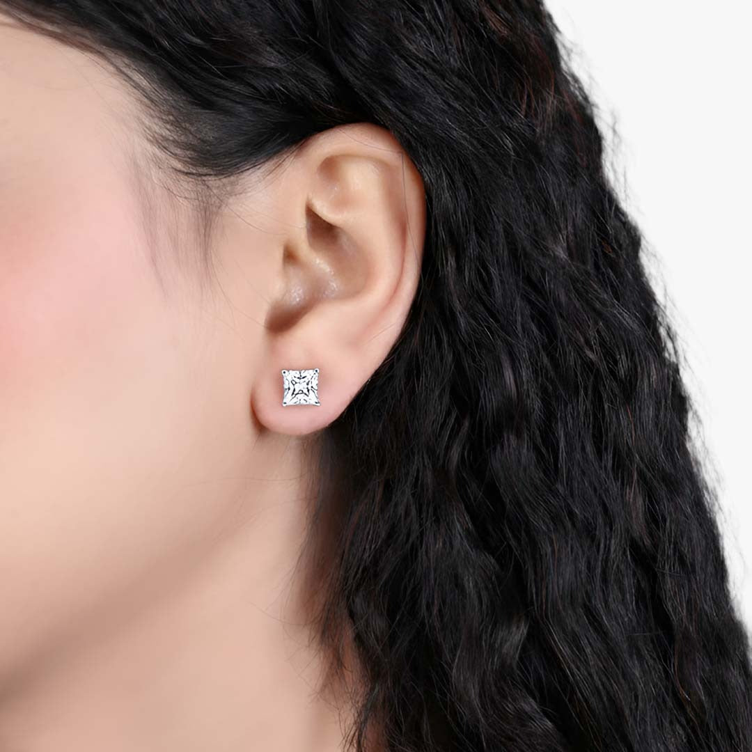 Four-Prong Princess Silver Stud Earrings